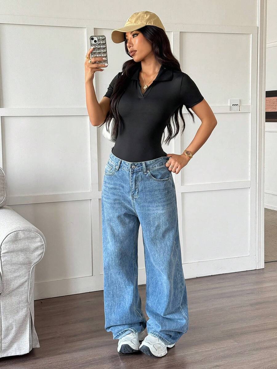 SHEIN Sports 女式简约纯色修身短袖连体衣,夏季 - 黑色 - 查看 1