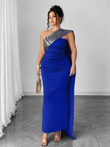 Elenzga 大码中东风格修身长款露背连衣裙 - 寶藍色 - 查看 6