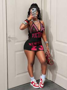 BamGleam 女式字母印花低胸紧身连衣裙 - 黑色 - 查看 6