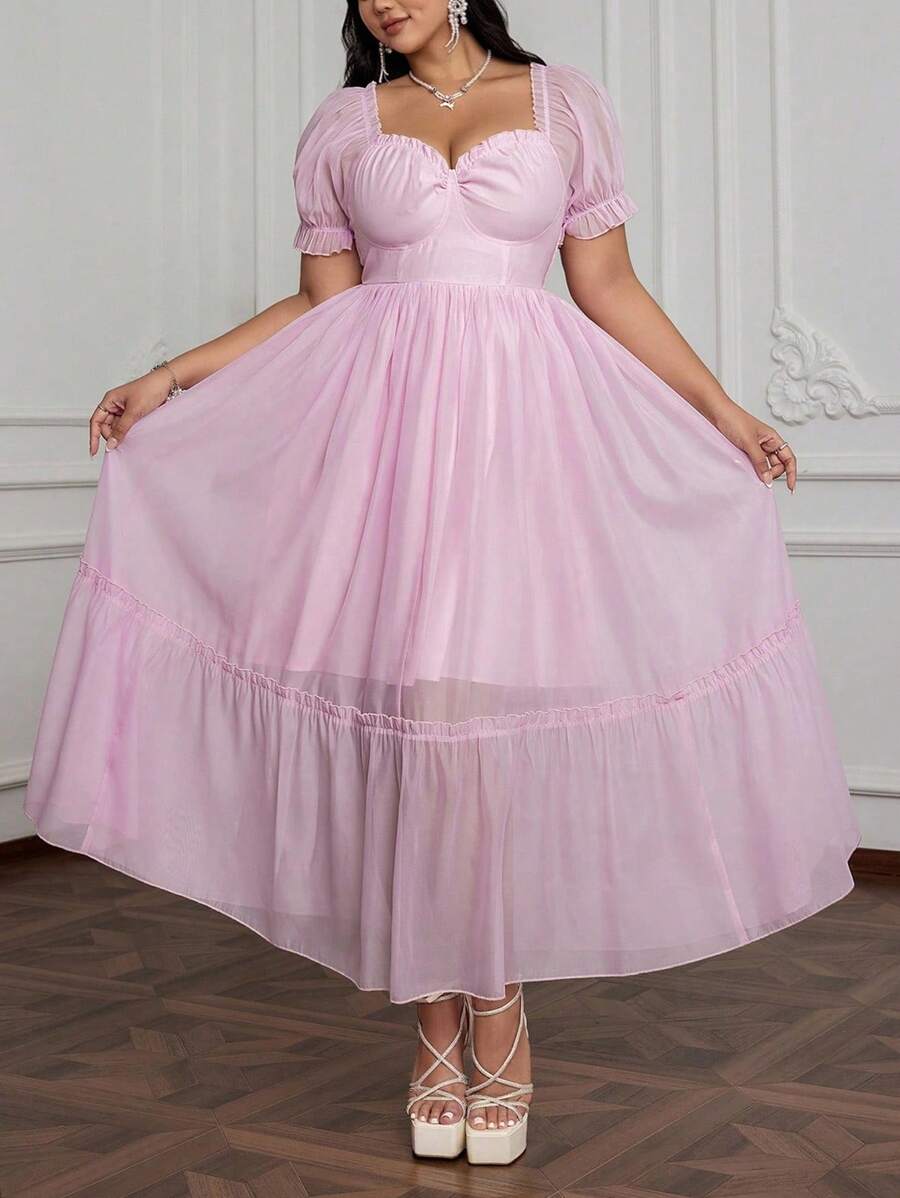 Flirla 大码女士浪漫柔软雪纺泡泡袖连衣裙，浅粉色少女风格 - 粉色 - 查看 1