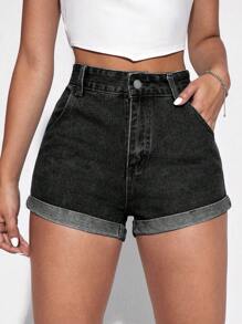 SHEIN ICON 夏季休闲高腰水洗牛仔短裤 - 黑色 - 查看 1