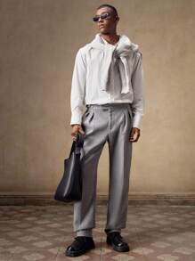 AKNOTIC Business Casual 男士梭织休闲宽松直筒纯色裤子灰色百褶裤灰色高腰裤男士正装裤子