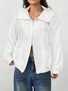 SHEIN EZwear 女式休闲白色前拉链长袖连帽运动衫，带口袋，秋冬款 - 白色 - 查看 6