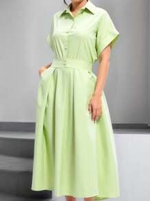 INAWLY Vestido camisa de mujer de manga corta con botones en la cintura, elegante