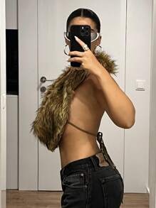 SHEIN ICON 女式时尚性感露背仿皮草上衣秋季女装