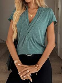 SHEIN LUNE Solid V Neck Batwing Sleeve Tee - Army Green - View 4