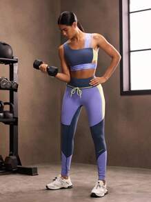 Powerista Women's Summer Gym Sportswear Letter Print Purple Blue Yellow Patchwork Asymmetrical Workout And Sports Bra - Blue - View 8