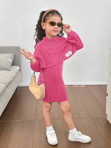 SHEIN 少女櫻桃粉 Nova 針織兩件套 純色長袖套頭上衣與修身吊帶裙，秋冬校園都市時尚穿搭 - 玫紅色 - 查看 3