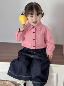 Dazy Kids Baby Girl Solid Color Long Sleeve Single-Breasted Casual Pocket Top,Toddler Fall Clothes - Pink - View 1