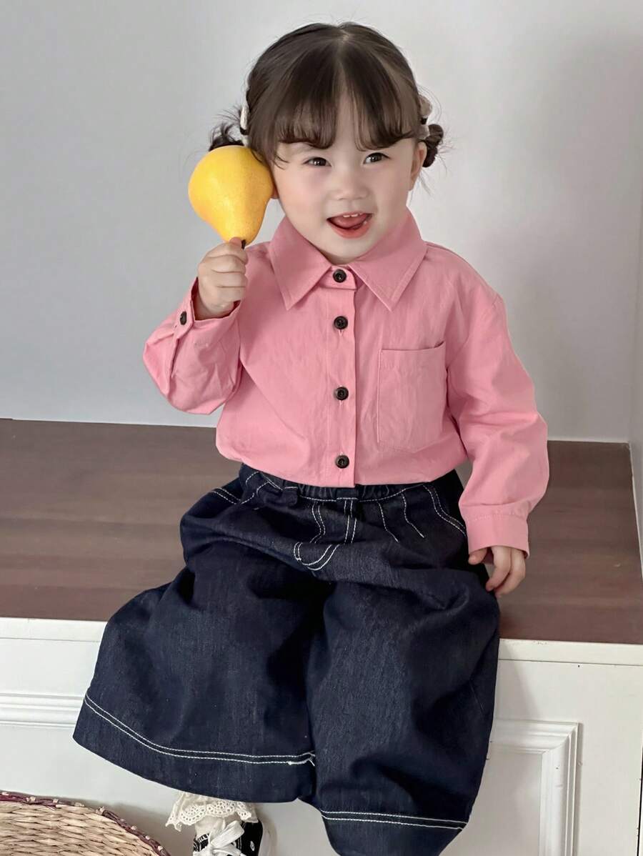 Dazy Kids Baby Girl Solid Color Long Sleeve Single-Breasted Casual Pocket Top,Toddler Fall Clothes - Pink - View 1
