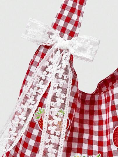 Kawaii حقيبة ظهر مطرزة بالفراولة بنمط مربع أحمر وأبيض عتيق سعة كبيرة، حقيبة كتف خفيفة الوزن، متعددة الاستخدامات للعودة إلى المدرسة والعطلات