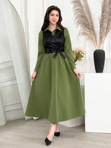 Bộ 2 trang phục thường ngày cổ điển thanh lịch dành cho thanh thiếu niên: Áo khoác crop top thắt eo màu nâu và váy sơ mi thắt eo tay dài - Nhiều màu - Xem 5