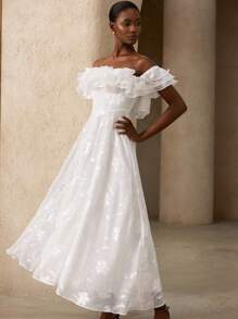 Aveloria 法式复古优雅浪漫约会夜礼服，奢华设计，压花叶贴花，露肩荷叶边多层雪纺连衣裙，束腰显瘦效果 - 白色 - 查看 5