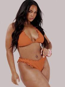 MUSERA Plus Frill Trim Bikini Bottom Swim, Holiday, Sexy, Cute - Orange - View 3