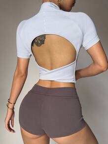 Easithlete Damen figurbetonter Sporttrikot aus einfarbigem Raglan Kurzarm mit Reißverschluss, taillierter Schnitt