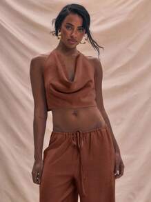 MUSERA 极致露背垂褶亚麻吊带上衣，夏季度假可爱性感波西米亚风，适合伊比沙岛音乐节、海滩度假、外出夜店等场合。 - 棕色 - 查看 1