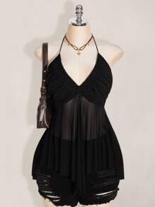 SHEIN ICON 大码女式交叉领不对称网眼拼接吊带背心