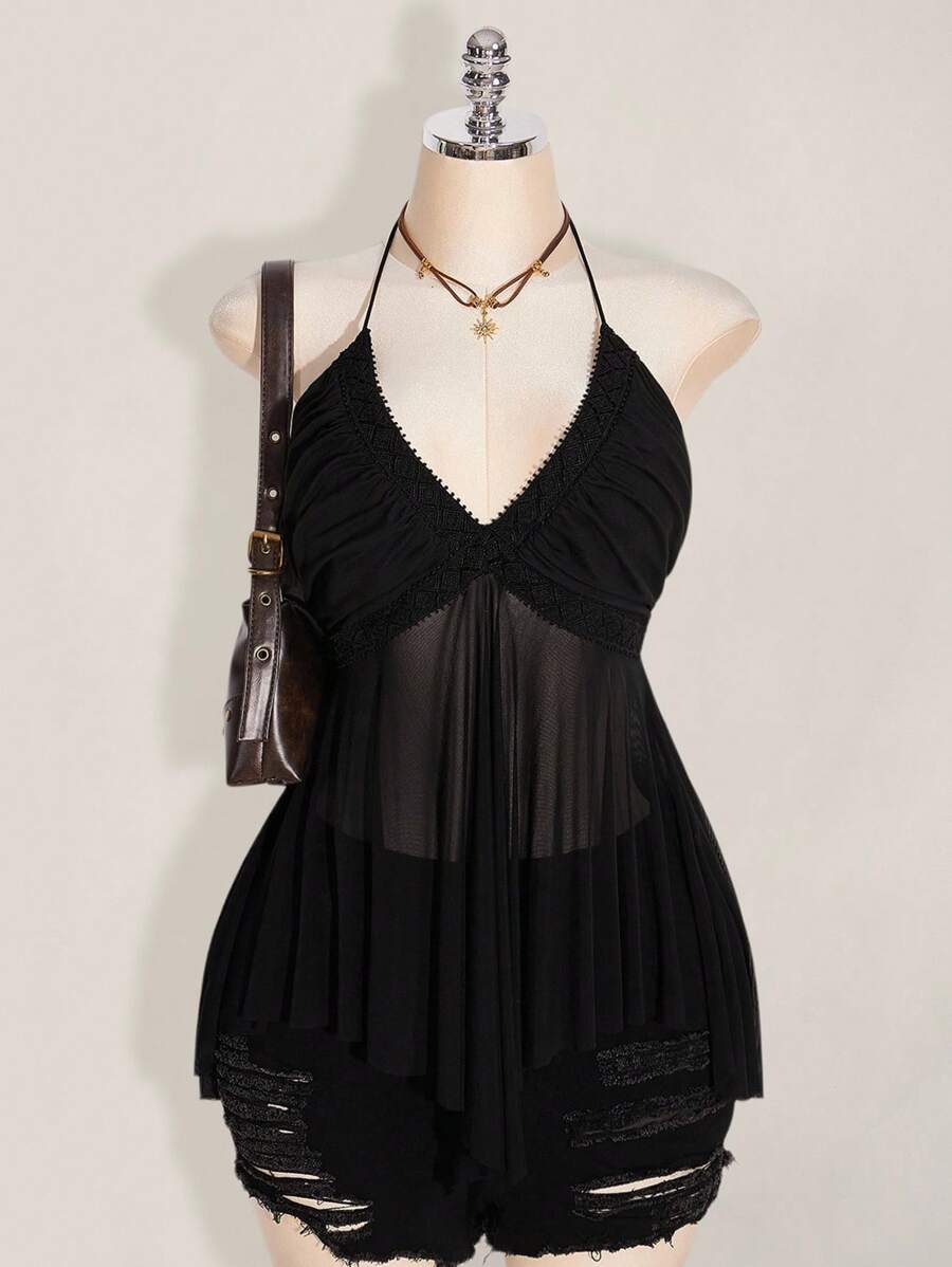 SHEIN ICON 大码女式交叉领不对称网眼拼接吊带背心