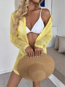 Breezaya Women's Light Yellow Semi-Sheer Open Knit Button-Up Cardigan. This Long Sleeve Collared Top Serves As A Stylish Beach Cover-Up Or A Casual Summer Tunic, Offering Breezy Comfort And Relaxed Style. - Yellow - View 4