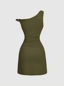 SHEIN MOD Vestido verde militar acanalado con decoración de botón metálico ajustado - Verde militar - Ver 2