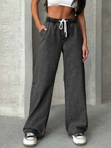 EURMUSE Casual Washed Drawstring Waist Straight Leg Jeans - Dark Grey - View 3