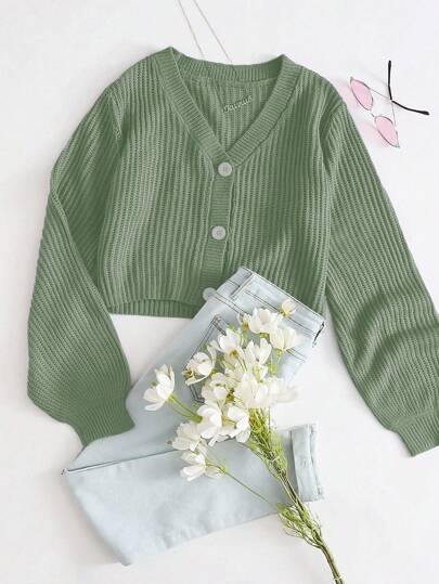 Solid Button Front Bishop Sleeve Cardigan