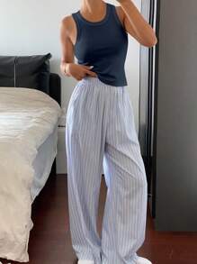 DAZY 2 件套女士休闲纯色吊带背心和条纹图案宽松睡裤套装，舒适睡衣 - 藏蓝色 - 查看 4