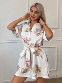 DAZY 花卉印花束腰女式连体睡衣睡衣 - 白色 - 查看 4