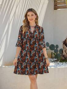 Shutterstock Glamance Robe courte d'été décontractée à col en V plongeant, imprimé allover, manches évasées pour femme. Robe-chemise tunique de femme à manches 3/4, imprimé abstrait - Marron - Voir 4