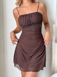 SHEIN EZwear Abito mini elegante da donna con decorazione in pizzo e perle, spalline a spaghetti, adatto per l'estate - Castano - Visualizzare 3