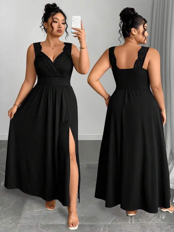 Elenzga Vestido de tirantes de encaje con contraste en talla grande, vestido evasé estriado para estilizar con abertura