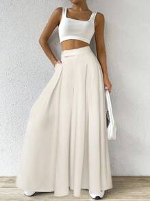 SHEIN EZwear 女士休闲褶皱阔腿杏色西装裤 - 杏色 - 查看 5