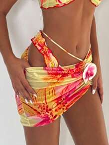 Bonvoyette Neues Damen Sichtschutz-Kleid mit zufälligen Blumendrucken, Seitenbandschnürung, 3D Blumendetail, Strand/Pool Mini Rock geeignet für alle