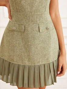 GENKIRA French Retro Elegant Slimming Square Neck Waisted Mini Dress, Pockets, Ruffle Hem, Luxury Chiffon, Women - Green - View 3