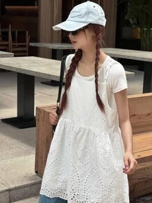 少女花卉刺绣荷叶边下摆宽松吊带背心，秋季 - 白色 - 查看 3