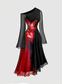 SHEIN MOD Vintage glamouröses schwarzes asymmetrisches Midi-Kleid mit fließendem Schulterfall und roter Blumenprint an der Seitentaille, Langarm mit Glockenärmeln - perfekt für Cocktailkleider, Hofdamenkleidung, Geburtstagskleider, Kreuzfahrtkleider und geeignet für Dates, Partys, Feiertage, Gartenpartys und Bälle - Schwarz - Übersicht 3