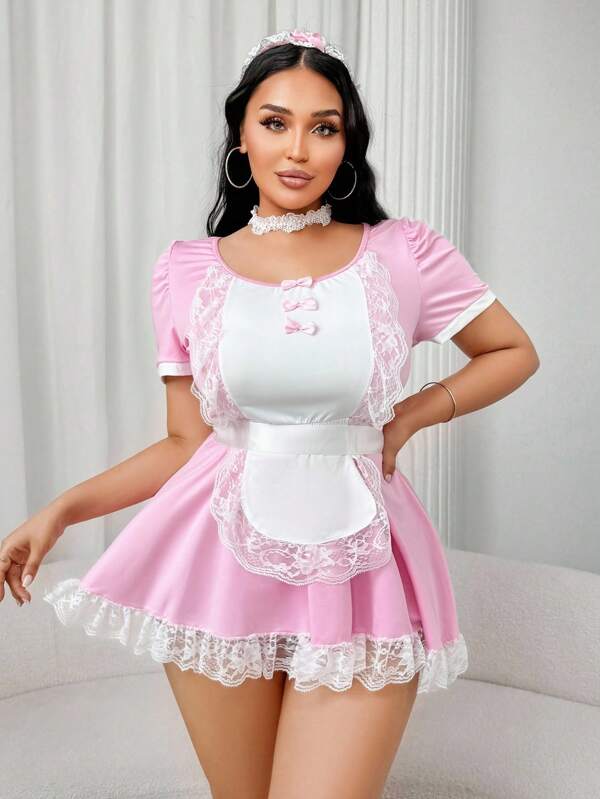 Fantasy Costume Conjunto de uniforme feminino plus size de 5 peças, renda rosa, com decoração de laço e babados, sexy