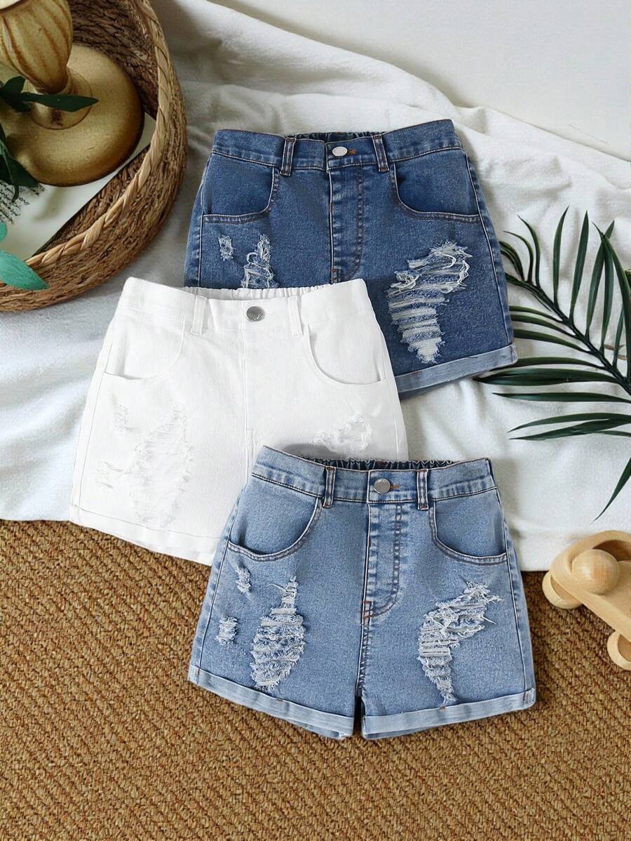 SHEIN Vintaside Kids 3 Pairs Of Girls Washed Multi-Color Ripped Skinny Denim Shorts, Casual Everyday Wear, Simple & Fashion Design, School, Campus, College - Multicolor - View 1