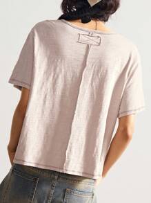 Bohemela Autumn/Winter Boho Independence Day Vintage Casual Solid Color Knit Short Sleeve Loose Washed Women Graphic T-Shirt - Pink - View 7