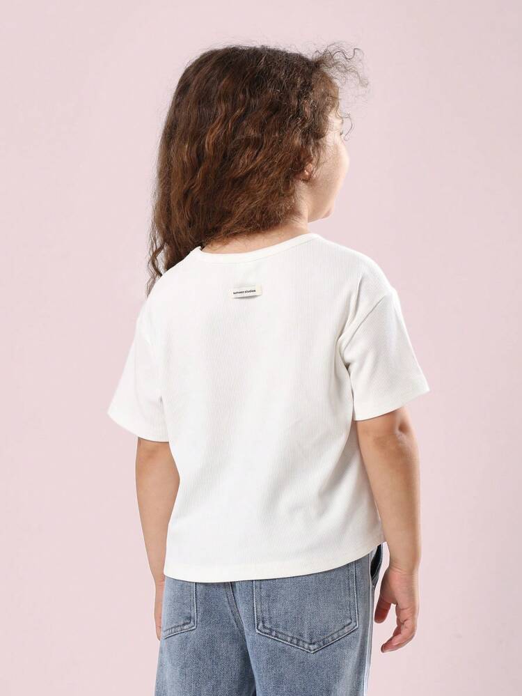 Ribbed Cotton Crystal Flower Print Short Sleeve Rhinestone Detail T-Shirts