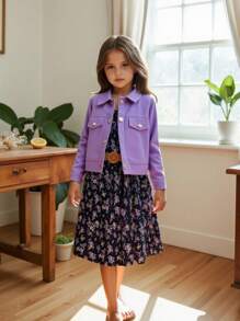 SHEIN Vintaside Kids Conjunto de 2 peças para meninas pré-adolescentes: jaqueta de cor sólida e vestido floral ditsy, primavera outono
