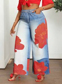 SHEIN CURVE+ Pantalones vaqueros de talla grande con estampado de lirios rojos, pantalones anchos con cintura elástica cómoda, pantalones con estampado de lirios coloridos de estilo Y2K para festivales de música de otoño - Lavado ligero - Ver 7