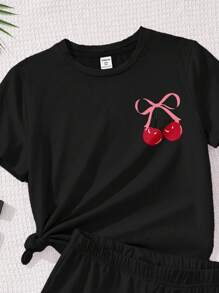 SHEIN Leap Crew 青少年女孩休闲简约短袖和短裤两件套，适合夏季 - 黑色 - 查看 5