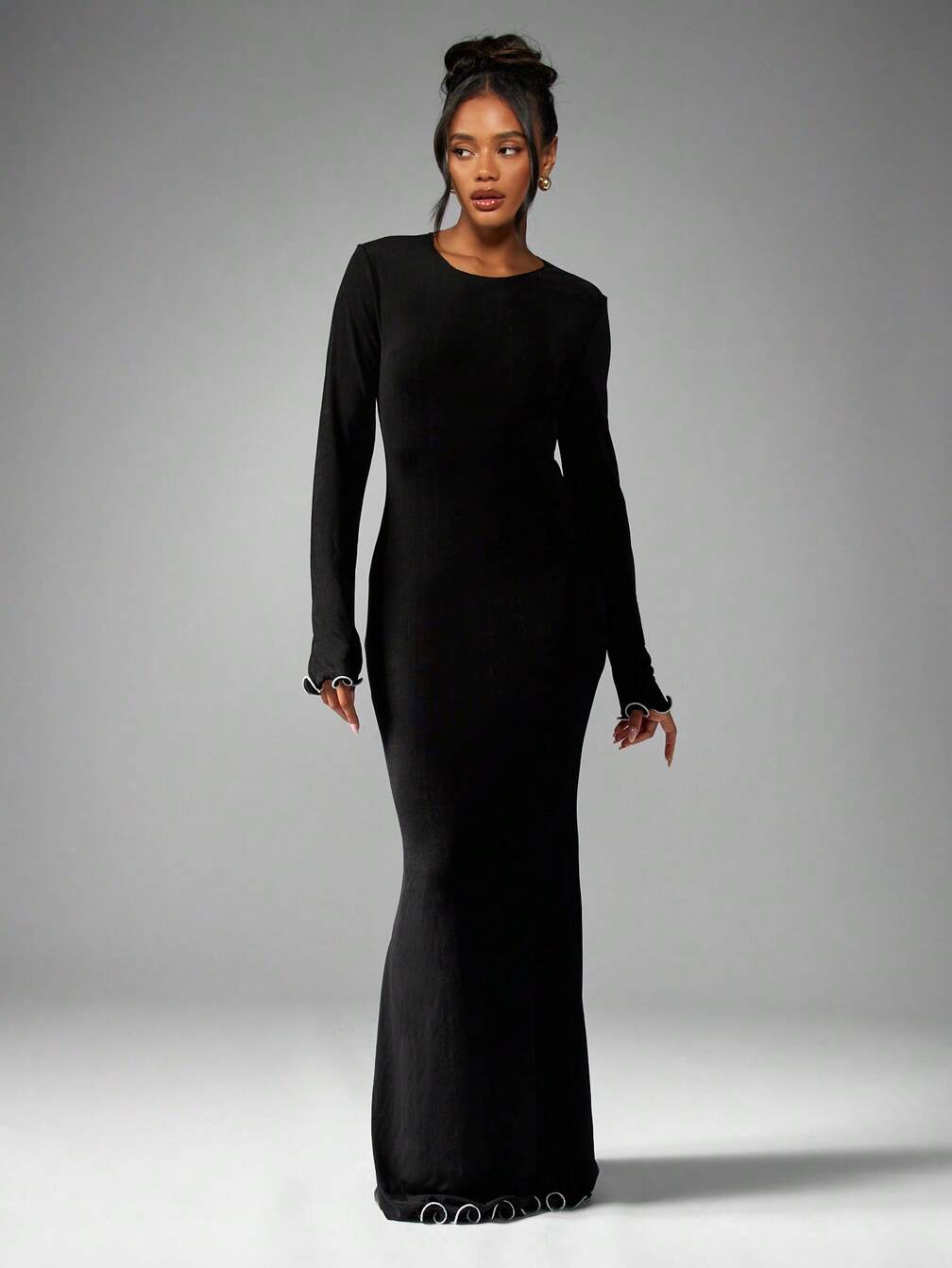 long sleeve maxi dress missguided MISSGUIDED Plunge Neck Long Sleeve Ruffle Maxi Dress With Deep V Neckline For Evening Party Wedding Guest,XS
