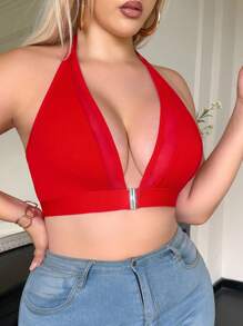 SHEIN Esselle Plus Size Solid Color No Underwire Halter Neck Splicing Mesh Bra - Red - View 5