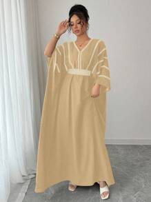 Rafferiza V-Neck Gold Lace Waist Dress - Khaki - View 4