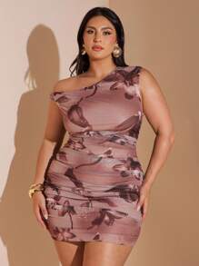 SHEIN BAE 大码女式夏季印花优雅乡村度假约会海滩女式短裙 - 棕色 - 查看 1