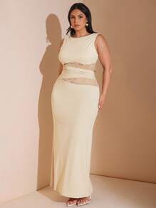 SHEIN BAE 大码女式优雅黑色蕾丝和丝绸拼布连衣裙，适合音乐节、海滩度假、婚礼宾客 - 杏色 - 查看 7