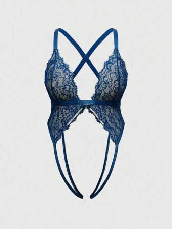 Plus Size Lace Eyelash Trim Criss-Cross Backless Sexy Lingerie Bodysuit