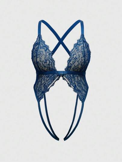 Body sexy con encaje, ribete de pestañas y espalda cruzada para tallas grandes